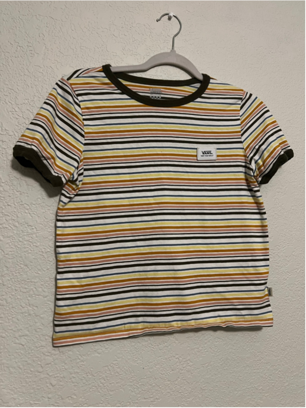 Vans Women's Striped Short Sleeve Tee in White, Yellow, Brown, Navy